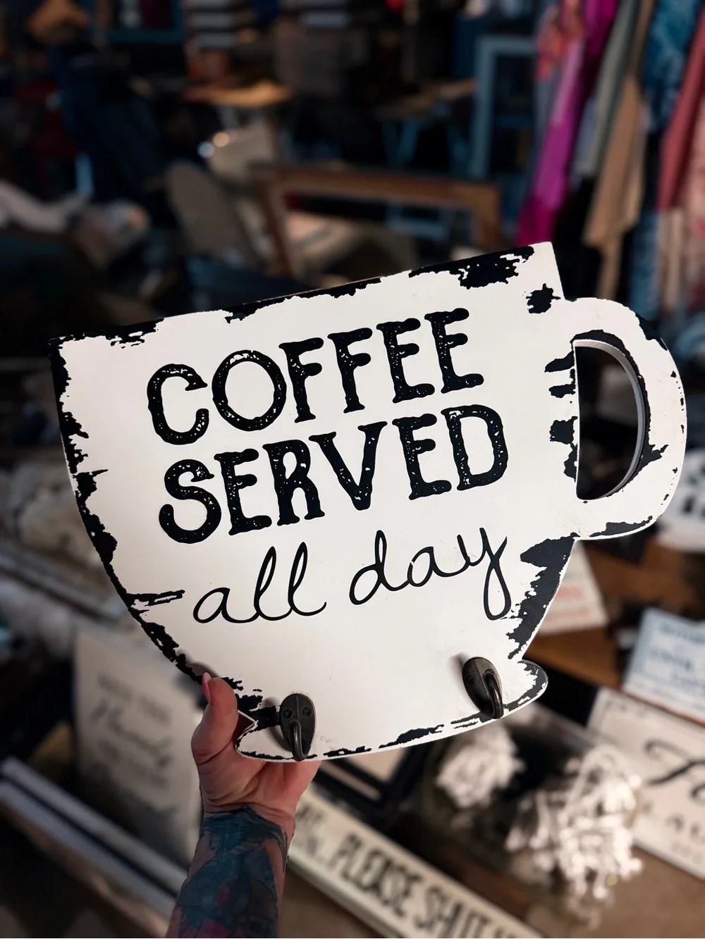 Creative Co-Op White Coffee Served All Day Wall Hook Sign